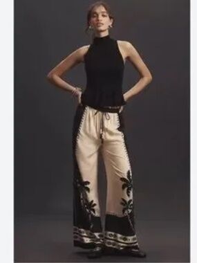 FARM Rio Black and Cream Wide-Leg Printed Pants